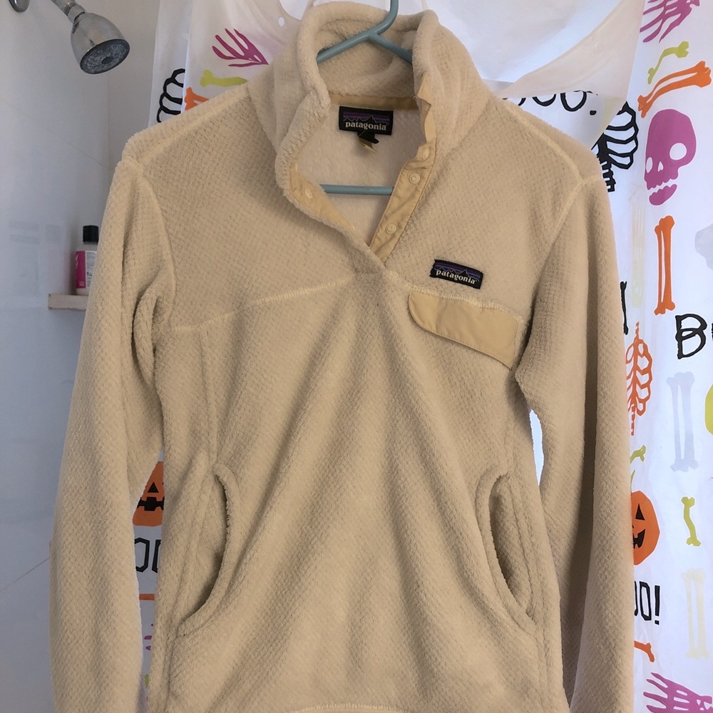 EUC Patagonia s re-tool snap-t fleece pullover white raw linen cream creme pouch